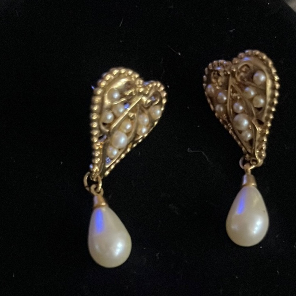 Gold and Cream Heart Drop Earrings with Pearl Accents - Picture 3 of 3